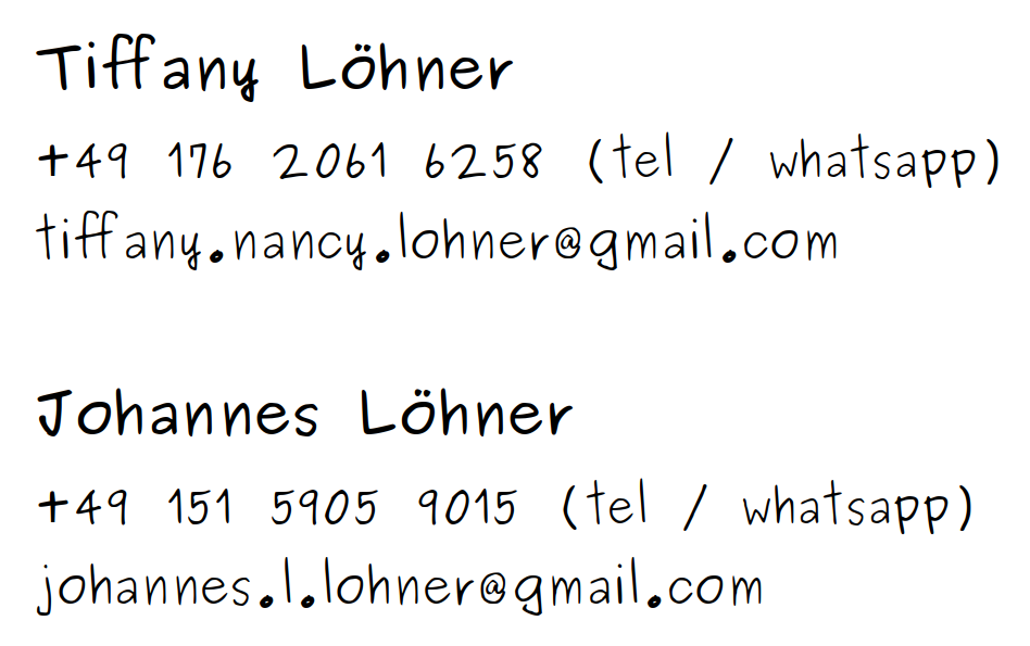 Kontaktdaten von Tiffany und Johannes Löhner — Telefonnummern und
                  E-Mail-Adressen, als Bild dargestellt.